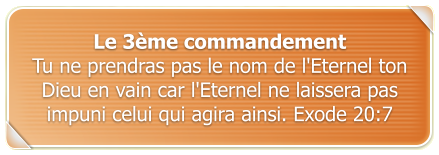 Le 3me commandement Tu ne prendras pas le nom de l'Eternel ton Dieu en vain car l'Eternel ne laissera pas impuni celui qui agira ainsi. Exode 20:7
